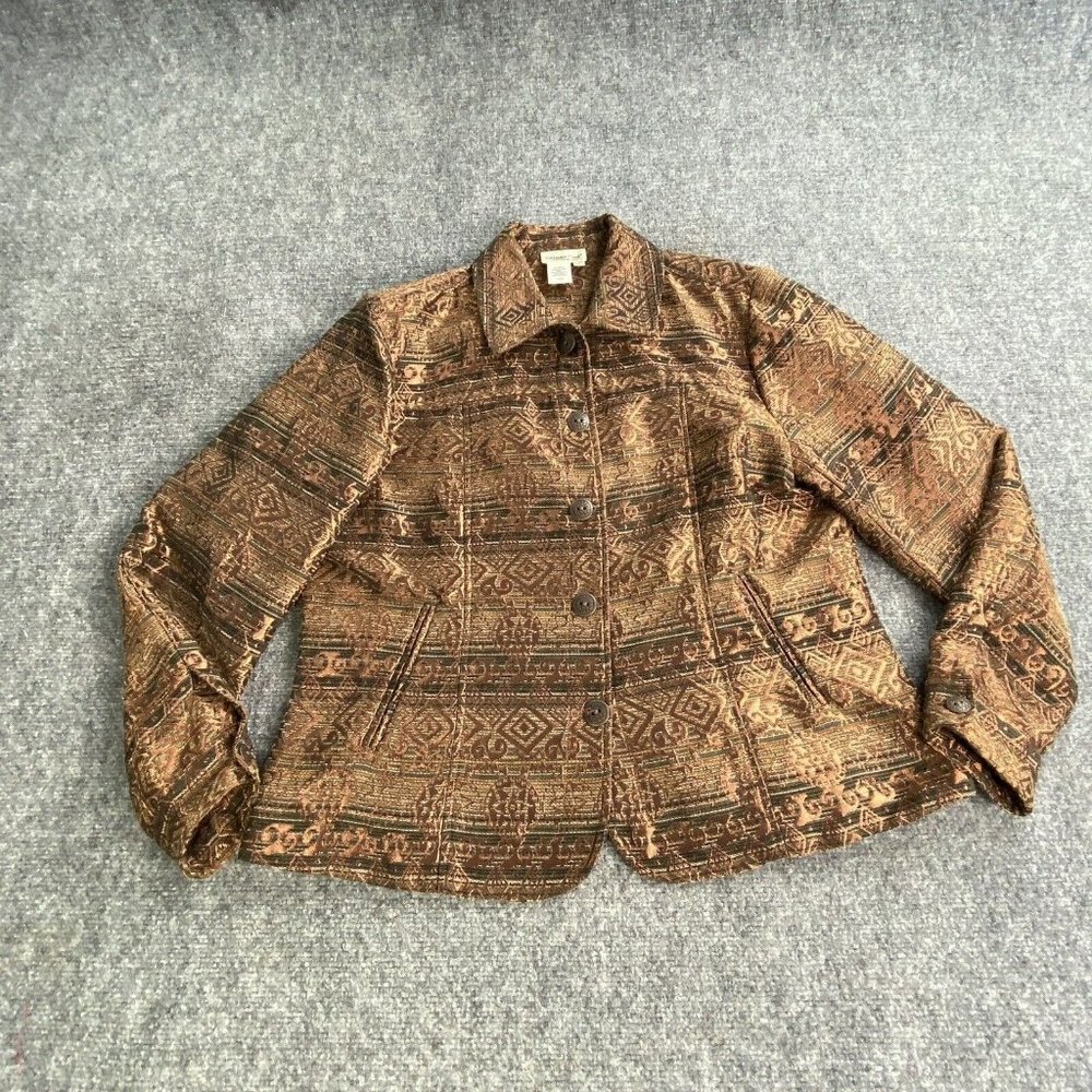 VTG Y2K‎ Coldwater Creek Jacket L Copper Woven Tapestry Southwestern Boho Aztec